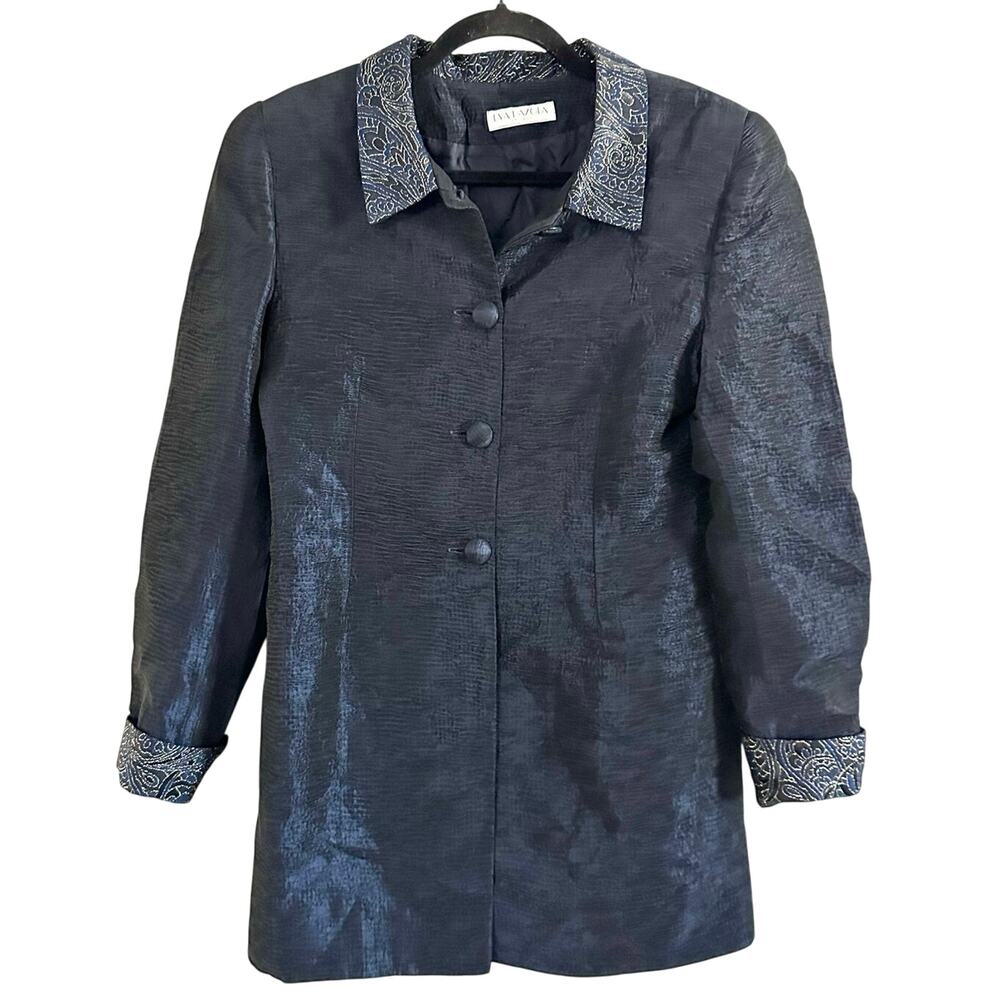 EVA PAZOLA Chicago Vintage Midnight Navy Blue Tapestry Collar Cuff Jacket Blazer